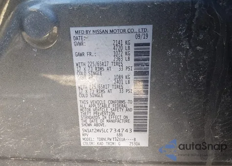 2020 Nissan Rogue S Intelligent Awd z USA, uszkodzony, nr VIN 5N1AT2MV5LC734743